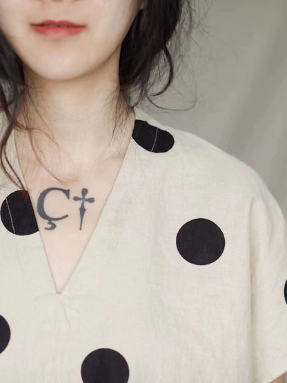 Women's Vintage V-Neck Dot Linen Slant Open Shirt