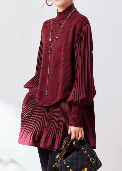 Women's Plus Size High Neck Knit Splicing Fake Two Piece Sweater Set