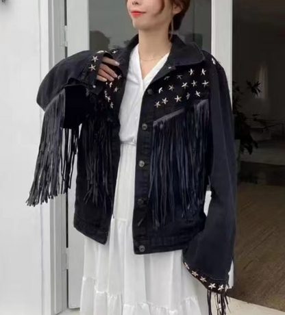 Stylish Pentagram Willow Tassel Trimmed Denim Jacket