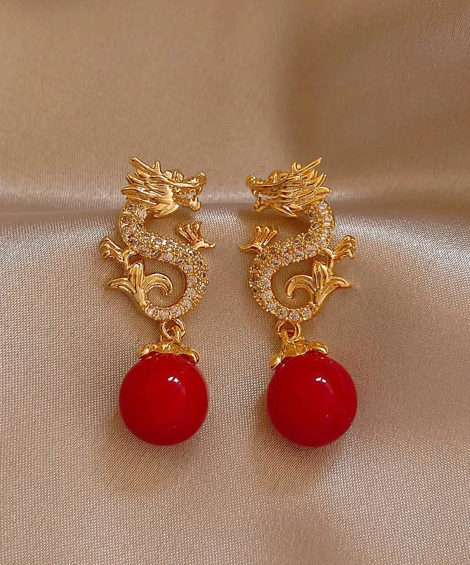 Elegant Red Copper Alloy Zirconia Golden Dragon Dangle Earrings