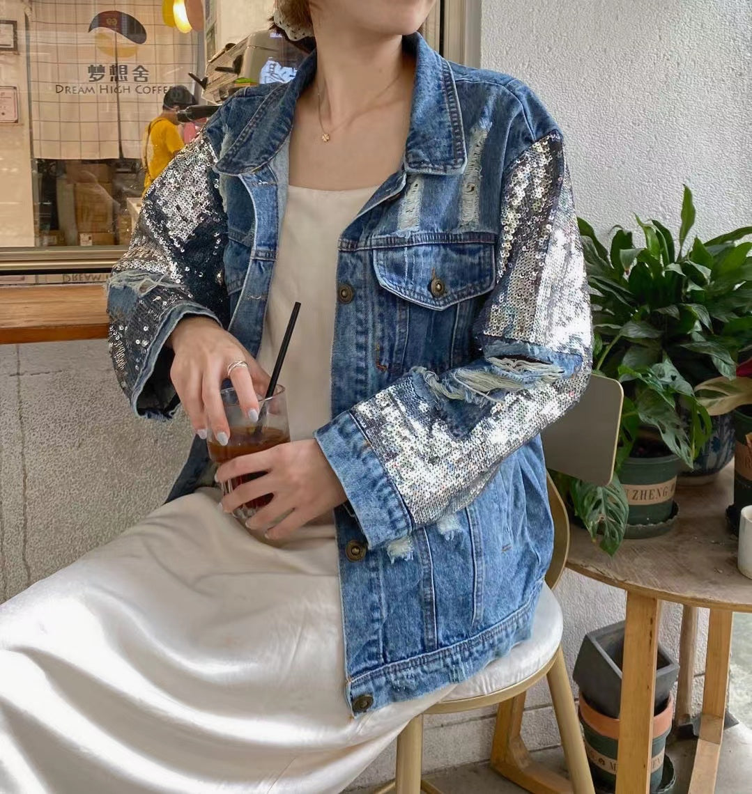 Fashion Sequins Personalized Ripped Denim Jacket