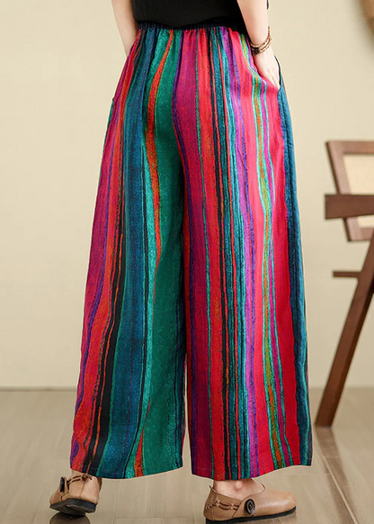 Women's Red Colorblocking Pocket Stripe Linen Wide Leg Pants Summer