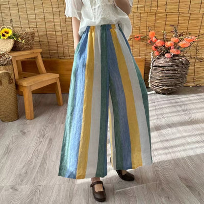 Casual Colorful Oversized Striped Cotton Wide Leg Pants