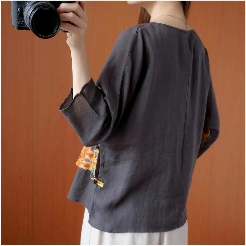 Vintage V-Neck Color-Collision Asymmetric Cotton Blouse Top