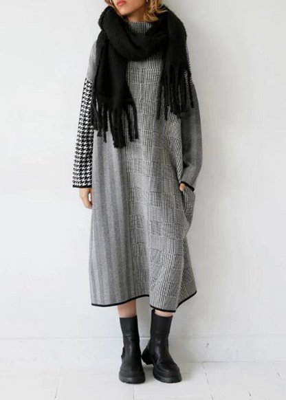French Plaid High Neck Patchwork Long Knit Dress