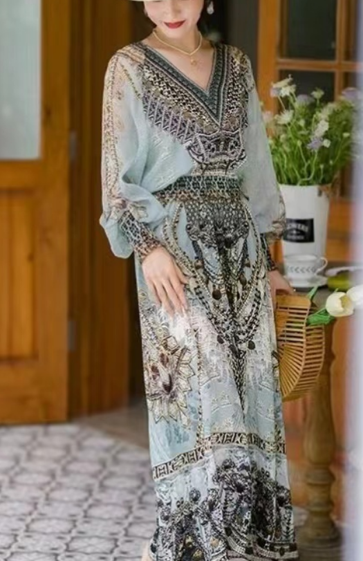 Elegant V-Neck Printed Long Sleeve Dress