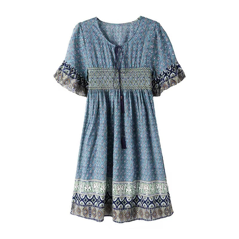 V-Neck Tie Printed Ruffle Color Collision Short Sleeve Dress