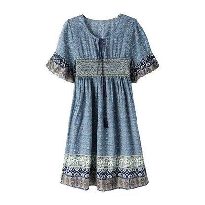 V-Neck Tie Printed Ruffle Color Collision Short Sleeve Dress