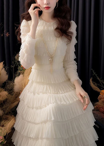 Women's Where White Solid Color High Waist Chiffon Ruffled Long Sleeve Dresses Dresses