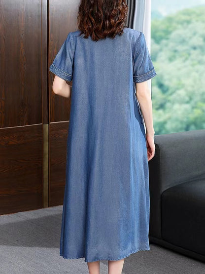 Vintage Asymmetrical Tie Embroidered Short Sleeve Denim Dress