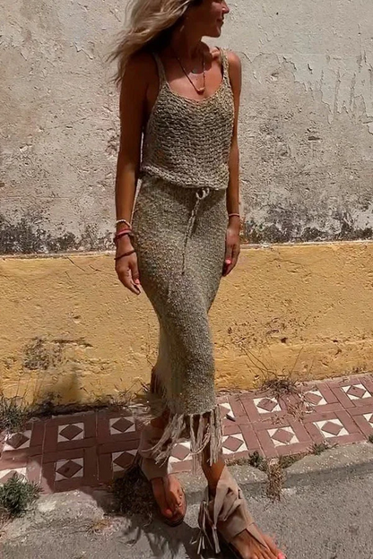 Boho Holiday Crochet Fringe Tank Dress Set Summer