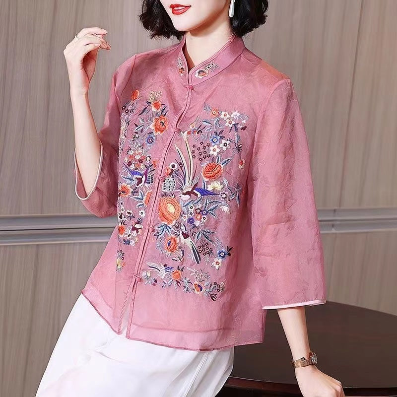 Fashion Floral Standing Collar Color Clash Cardigan Shirt Top
