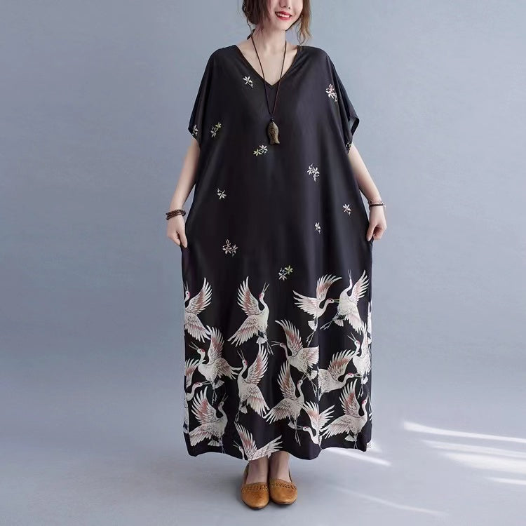 V-Neck Pocket Printed Short Sleeve Long Dress