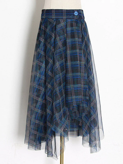 Women's Plus Size Blue High Waist Plaid Irregular Hem Tulle Skirt