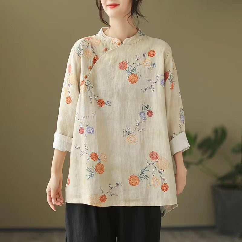 Loose Standing Collar Printed Long Sleeve Cotton Blouse Top