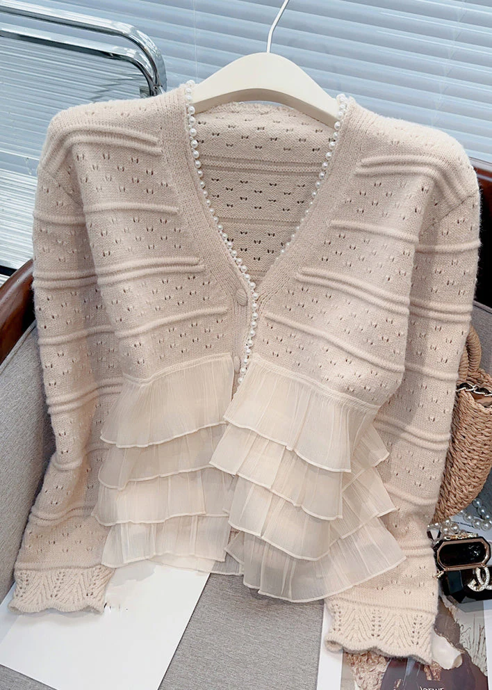 Elegant Women's Khaki Ruffle Pearl Patchwork Knit Cardigan