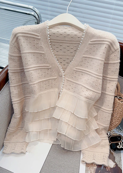 Elegant Women's Khaki Ruffle Pearl Patchwork Knit Cardigan