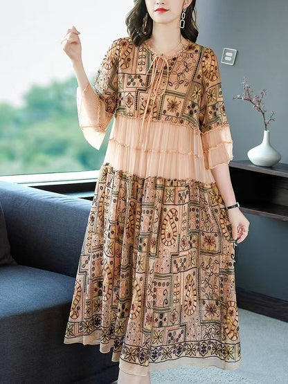 Elegant Tie Patchwork Printed Ruffle Short Sleeve Dress