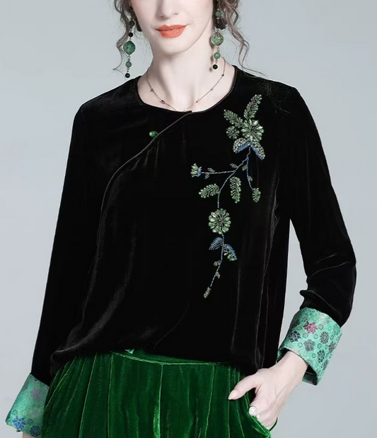 Women's Loose Asymmetric Velvet Patchwork Long Sleeve Top