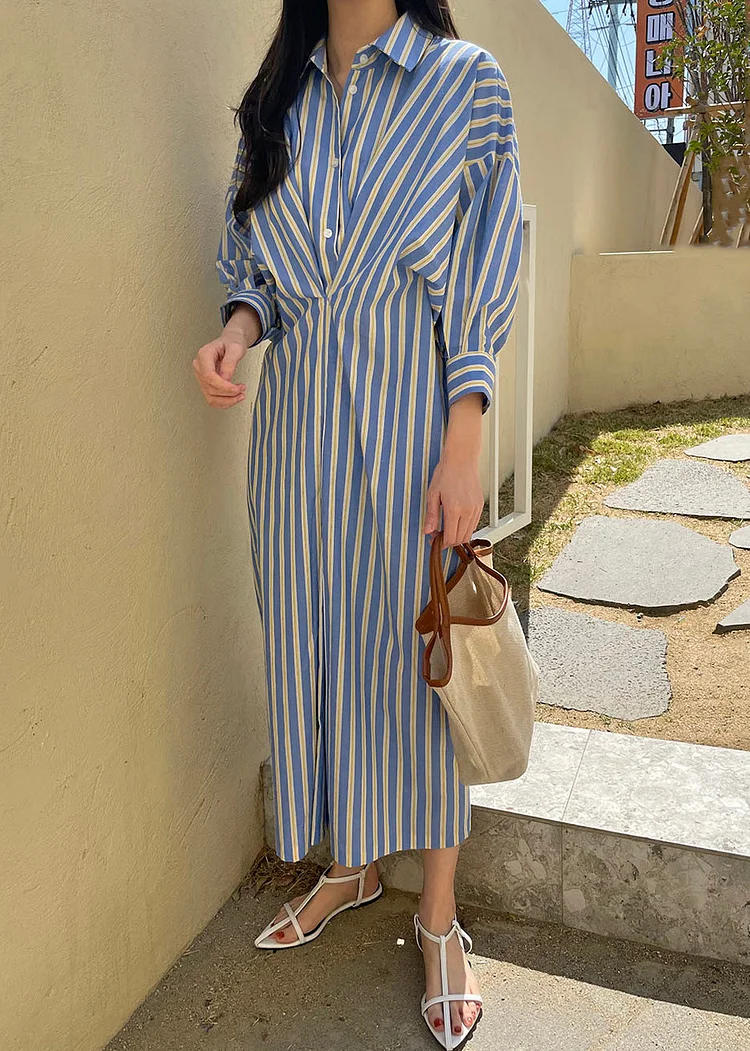 Women's Casual Beach Blue Striped Button Down Cotton Shirt Dresses