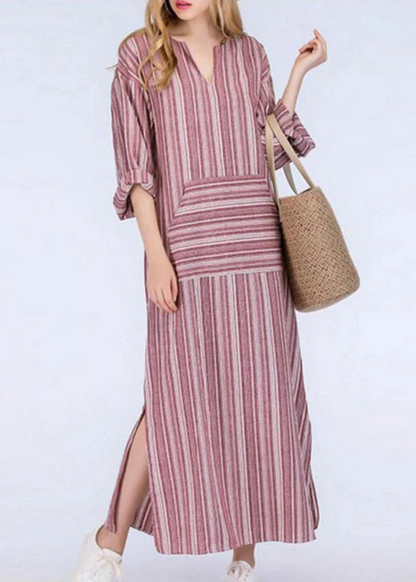 Gray Round Neck Striped Patchwork Maxi Dress