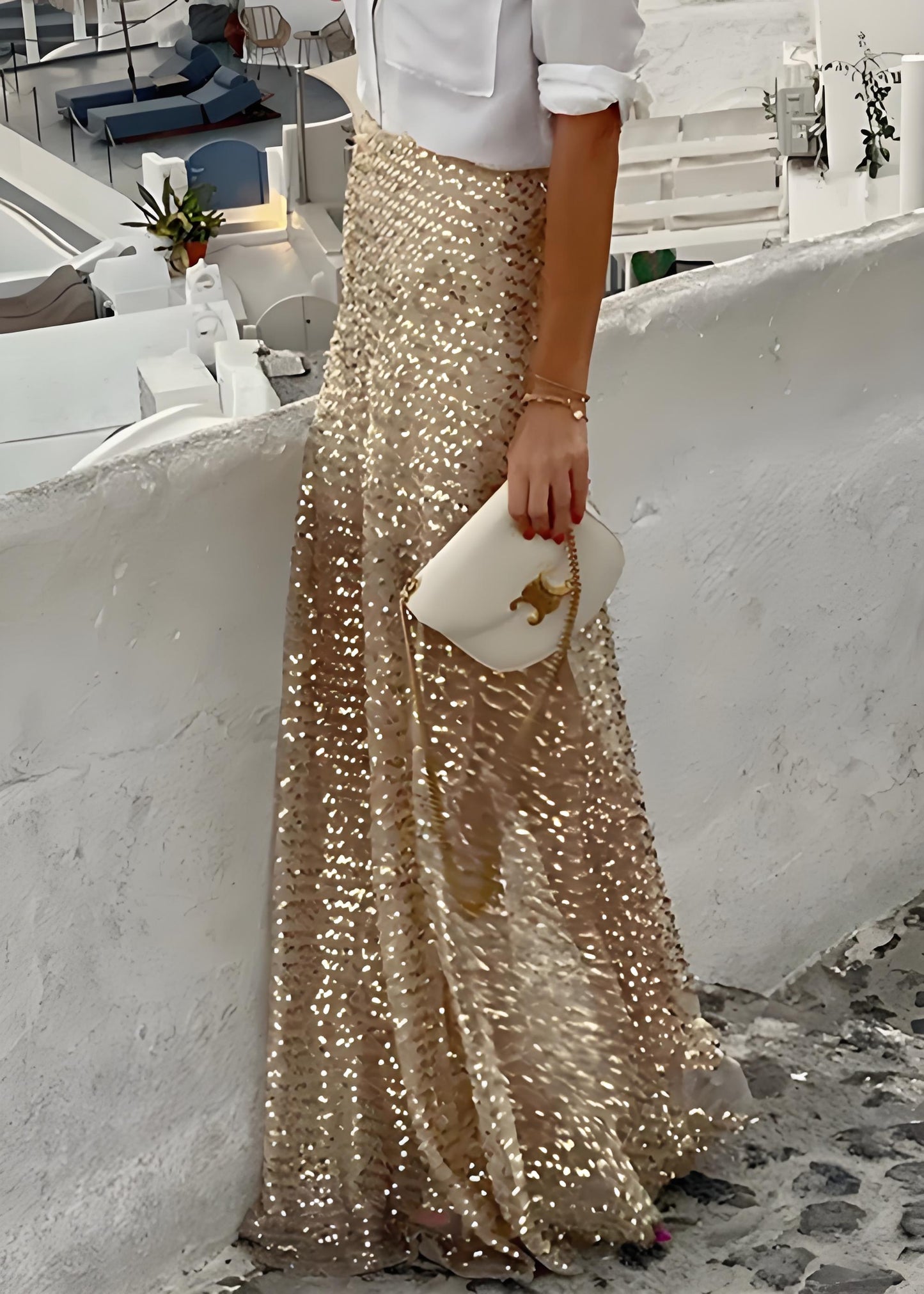 Women's Original Beige Fashion Gold Sequin High Waist Long Skirt