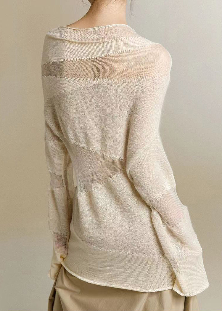 Casual Turtleneck Tulle Patchwork Thin Knit Top