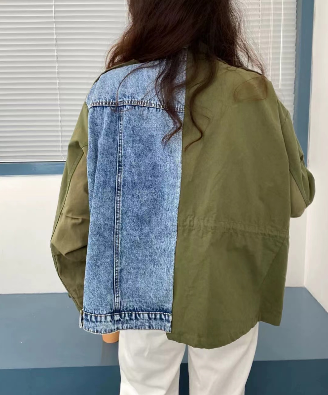Fashion Patchwork Color Clash Embroidery Geometric Denim Jacket