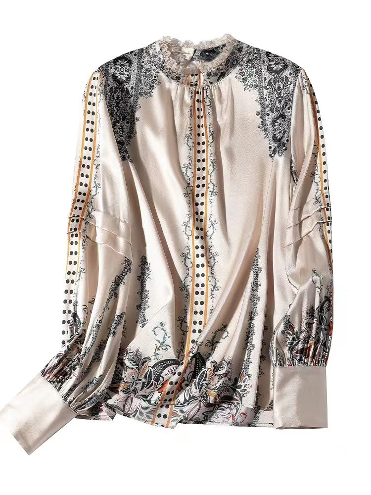 Elegant Standing Collar Printed Lace Patchwork Silk Blouse