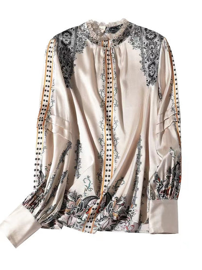 Elegant Standing Collar Printed Lace Patchwork Silk Blouse