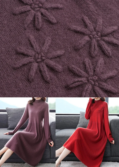 French Red Embroidered Floral High Neck Wool Knit Dress
