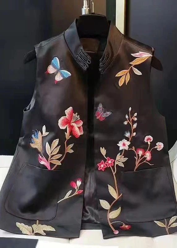 Black Original Embroidered Patchwork Silk Vest Sleeveless