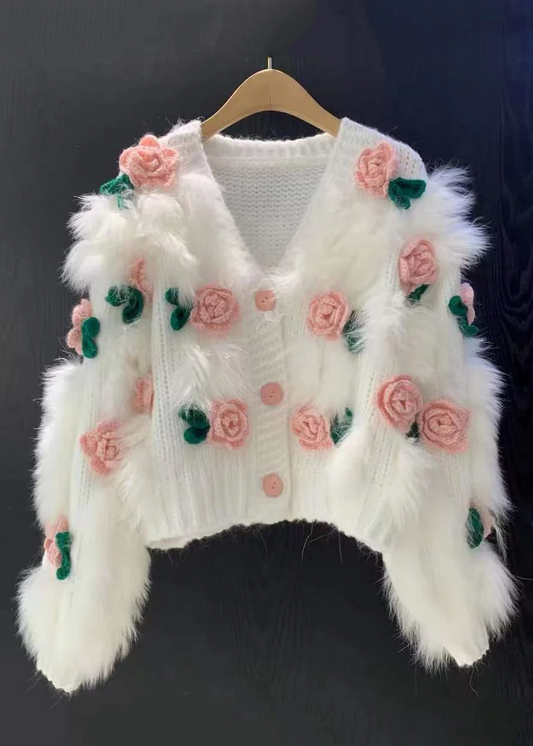 Women's Floral V-Neck Button Down Patchwork Knit Cardigan