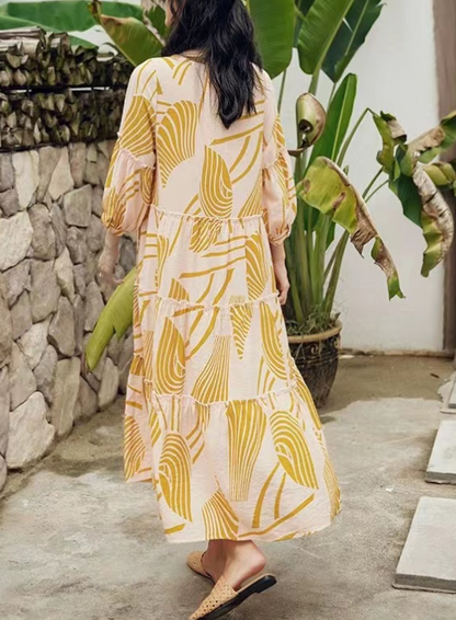 French V-Neck Printed Bubble Sleeve Dress