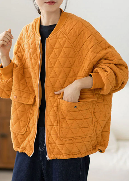 Casual O-Neck Zipper Plaid Thick Jacket Long Sleeve