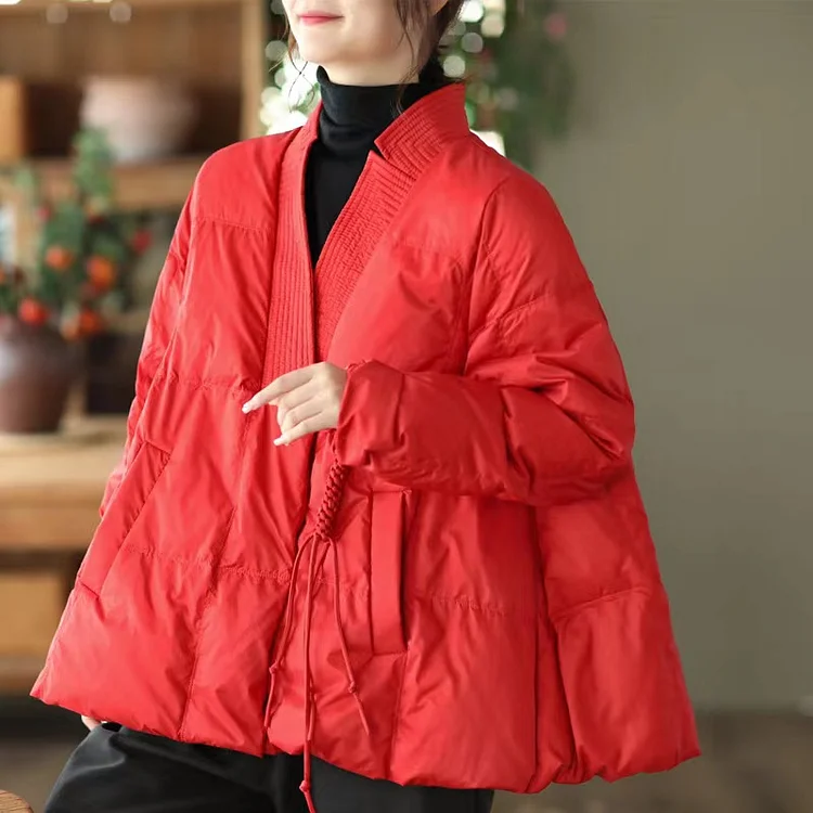 Women's Large Size V-Neck Super Button Duck Down Down Coat Winter
