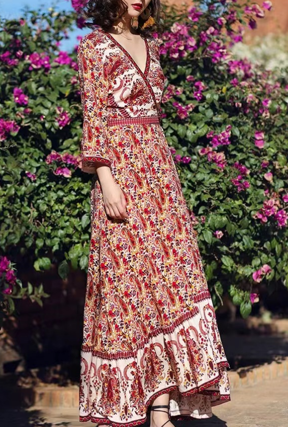 Floral Printed V-Neck Color Block Tie Beach Dress