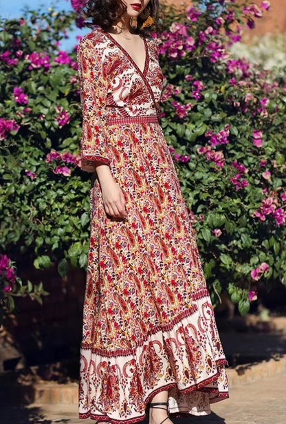 Floral Printed V-Neck Color Block Tie Beach Dress