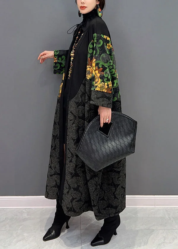 Women's Black Drawstring Patchwork Printed Coat Spring
