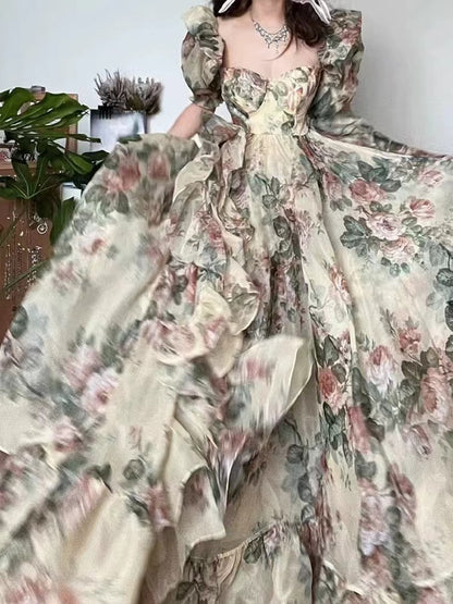 Elegant yellow background rose print asymmetric resort maxi dress