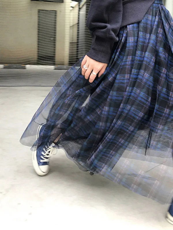 Women's Plus Size Blue High Waist Plaid Irregular Hem Tulle Skirt