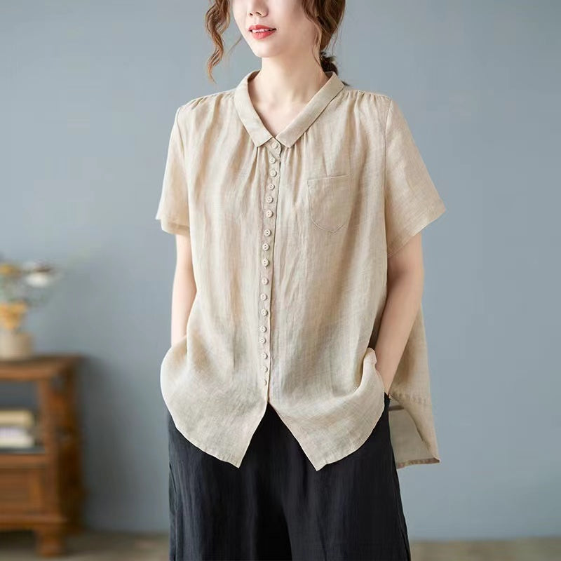 Vintage Collar Buttoned Linen Shirt Long Sleeve Top