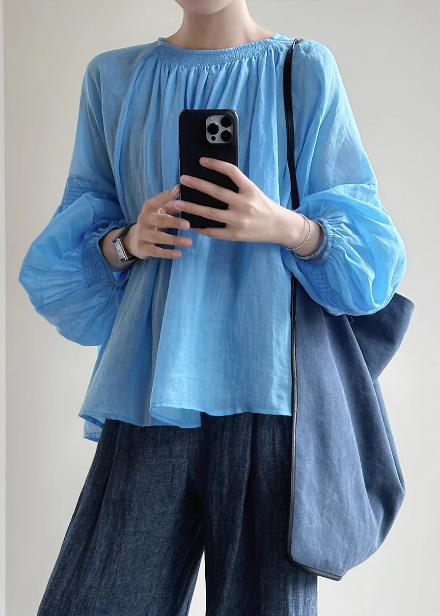 Ladies Bohemian Blue Round Collar Cotton Shirt Lantern Sleeve Spring Summer