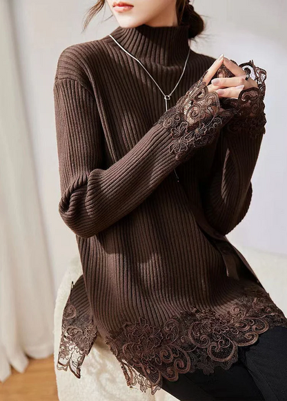 Women's Loose High Neck Lace Patchwork Cotton Knit Sweater Long Sleeve