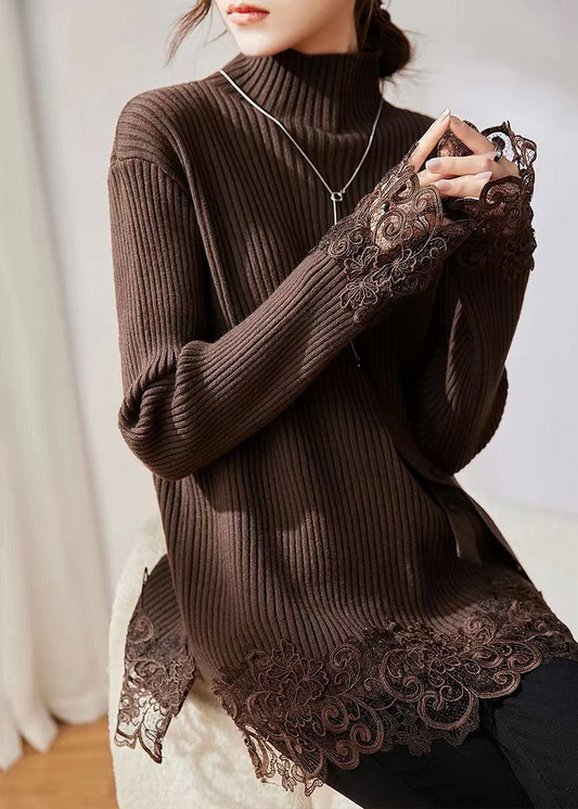Women's Loose High Neck Lace Patchwork Cotton Knit Sweater Long Sleeve