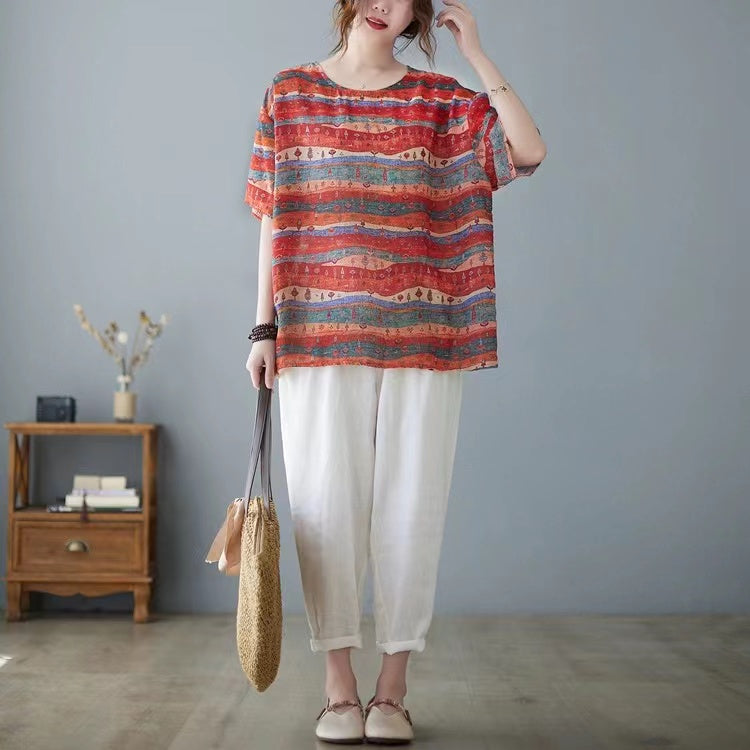 Casual Printed Cotton Linen Round Neck Short Sleeve T-Shirt Top