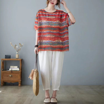 Casual Printed Cotton Linen Round Neck Short Sleeve T-Shirt Top