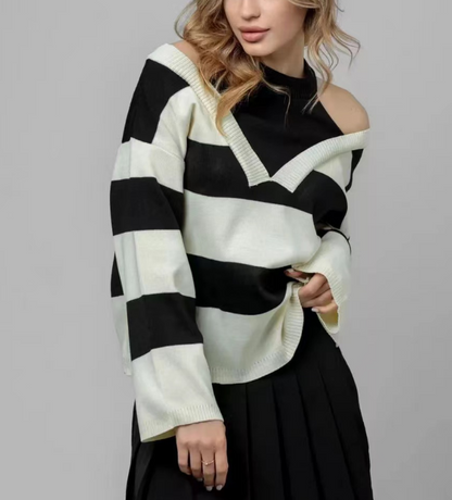 Neckless Shoulder Clashing Stripe Knit Sweater