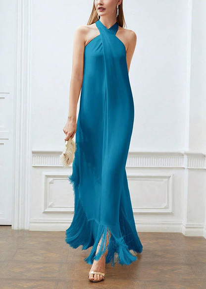 Women's Beige Fringed Strapless Sleeveless Dress Cocktail Dresses