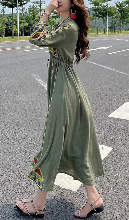 Bohemian V-Neck Embroidered Cashew Long Sleeve Dress